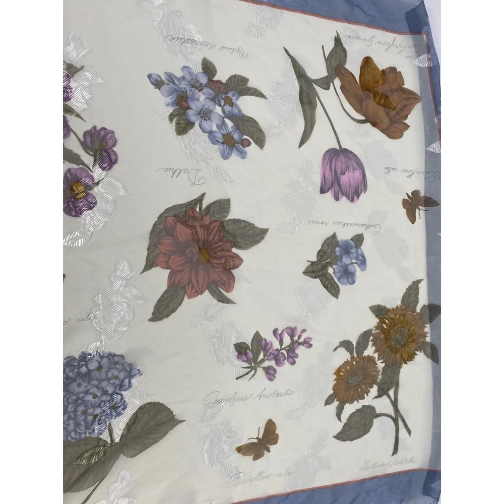 Liz Claiborne Square Scarf 34x34 Blue Cream Excellent Floral Botanical Sheer
